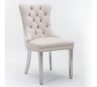 Collezione moderna, high-end Tufted Solid Wood Contemporary Velvet Upholstered Dining Chair with Chrome Stainless Steel Plating Legs, Nailhead Trim, Set of 2, Beige and Chrome