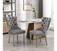 Collezione moderna, high-end Tufted Solid Wood Contemporary Velvet Upholstered Dining Chair with Chrome Stainless Steel Plating Legs, Nailhead Trim, Set di 2, Gray and Chrome