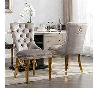 Collezione moderna, high-end Tufted Solid Wood Contemporary Velvet Upholstered Dining Chair with Golden Stainless Steel Plating Legs, Nailhead Trim, Set of 2, Grey and Gold