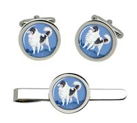 Collie su Un Blu Campo Gemelli E Fermacravatta Set