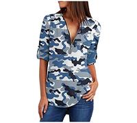 Collo da donna con cerniera durevole a V camicetta camicie con maniche legate Stampa pieghevole Camicetta da donna Top lungo da donna, Blu, L