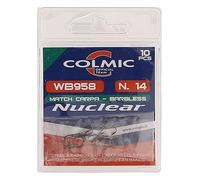Colmic - 10 Ami da Pesca WB958 Match Carpa in Acciaio Carbonio Bronze, Taglia 14 - Flatted, Forced, Barbless - Robusti e Precisi per Carpa e Pesca Tecnica - Prodotto Ufficiale Colmic