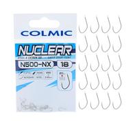 Colmic - 20 Ami da Pesca Nuclear in Acciaio Carbonio N500NX Taglia 18, Finitura Nickel - Flatted, Round, Microbarb - Ideali per Carpe e Pesci di Taglia Grande - Prodotto Ufficiale Colmic