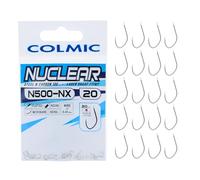 Colmic - 20 Ami da Pesca Nuclear in Acciaio Carbonio N500NX Taglia 20, Finitura Nickel - Flatted, Round, Microbarb - Ideali per Carpe e Pesci di Taglia Grande - Prodotto Ufficiale Colmic