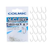 Colmic - 20 Ami da Pesca Nuclear in Acciaio Carbonio N500NX Taglia 8, Finitura Nickel - Flatted, Round, Microbarb - Ideali per Carpe e Pesci di Taglia Grande - Prodotto Ufficiale Colmic