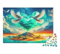 Colomba Bianca Nuvola a Forma di Cuore Puzzle 1000 Pezzi Puzzle per Adulti Carta Gioco di Puzzle 1000 Pezzi Isola Tramonto Relax Decorazione Regalo 70x50cm/1000pcs