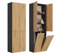 CDF Mobile da Bagno con Armadietti e Ante Antracite/Rovere Artisan Colonna Bagno Salvaspazio 2 Cesti per la Biancheria Mobile Alto a Colonna Cesto Portabiancheria Armadio Bagno 174 x 60 x 30