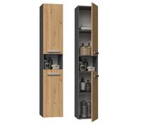 CDF Mobile Bagno a Colonna Alta Armadietto Stretto Salvaspazio con 2 Ante Corte e 5 Ripiani Organizzazione Bagno 31 x 30 x 174 cm - Antracite/Rovere Artisan
