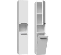 CDF Mobile Bagno a Colonna Alta Armadietto con Cesto Portabiancheria Integrato Ante Corte e Ripiani Salvaspazio 31 x 30 x 174 cm - Bianco