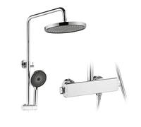 Colonna Doccia 40° Termostatico, Set Doccia con Doccia Tondo Effetto Pioggia 26cm, Rubinetto Cascata, Sistema Doccia con Doccetta 3 Modalità, Asta Saliscendi Doccia Regolabile, Corpo in Ottone