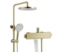 Colonna Doccia 40° Termostatico, Set Doccia con Doccia Tondo Effetto Pioggia 26cm, Rubinetto Cascata, Sistema Doccia con Doccetta 3 Modalità, Asta Saliscendi Doccia Regolabile, Corpo in Ottone