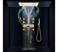 Colonna doccia,638 x 338 mm Soffione doccia LED musicale a 64 colori,Oro spazzolato Sistema doccia per tutto il corpo,Set doccia a pioggia a soffitto,Con 6 getti laterali massaggianti e doccetta