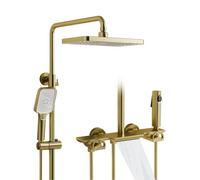 Colonna Doccia con Miscelatore, 4 Funzioni Set Doccia con Bocca a Cascata, Doccetta Bidet, 300x180mm Soffione, 3 Modalità Doccetta e Ripiani, Sistema Doccia in Ottone, Oro Spazzolato