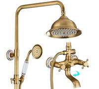 Colonna Doccia con Miscelatore Antico, 3 Funzioni Bronzo Sistema Doccia, 8in/20cm Soffione Doccia, Doccetta con Decorazione in Porcellana Bianca e Blu, Rubinetto per Vasca Girevole a 90°