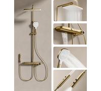 Colonna Doccia con Miscelatore Termostatico, Set Doccia con LED Display Digitale, Bocca a Cascata, Doccetta Bidet, 350x220mm Soffione, 3 Modalità Doccetta e Ripiani, Sistema Doccia Ottone, Oro