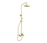 Colonna doccia dorata, rubinetto doccia vintage in ottone, colonna doccia con miscelatore, 85-132 cm, regolabile in altezza, doccia a pioggia, doccia esterna con due maniglie ad alta pressione