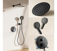 Colonna Doccia Incasso Nero, Kit doccia da ottone nascosto con 30 X 30 cm Soffine a Pioggia, 2 Funzione Rubinetto Doccia Set con 3 modalità Doccetta, Montato a Parete per Bagno