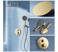 Colonna Doccia Incasso Oro Spazzolat, Kit doccia da ottone nascosto con 40 X 40 cm Soffine a Pioggia, 2 Funzione Rubinetto Doccia Set con 3 modalità Doccetta, Montato a Parete per Bagno