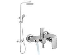 Colonna doccia monocomando rotonda modello DUA con mensola integrata, tubo tondo estensibile regolabile in altezza da 80 a 120 cm. Doccia a mano per idromassaggio e spruzzatore rotondo. Pezzi di