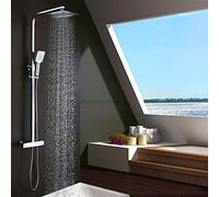 Colonna doccia termostatica EXTRAPLANA di design quadrato regolabile in altezza da 80 a 120 cm, con rubinetto, spruzzatore 20 x 20 cm e manico doccia quadrati, finiture cromate lucide. Ricambi garantiti