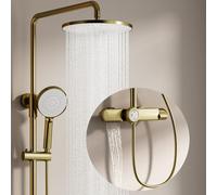 Colonna Doccia Termostatica Oro Sistema, 3 Funzioni Kit Set Ottone Doccia Bocca Vasca a Cascata Altezza Regolabile Sistema Doccia a Parete, Sistema di doccia a pioggiam con 26cm Soffione, Doccetta