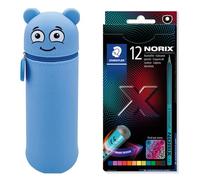 Colop- Astuccio MARKY con Design Emoji in Blu, Silicone Morbido e Resistente, con 12 matite Colorate STAEDTLER NORIX 186, Forma Unica, in Legno Riciclato, Multicolore, Set, 9C 171542