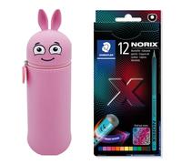 Colop- Astuccio MARKY con Design Emoji in Rosa, in Silicone Morbido e Resistente, con 12 matite Colorate STAEDTLER NORIX 186, Forma Unica, in Legno Riciclato, Multicolore, Set, 9C 171552