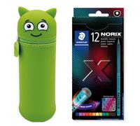 Colop- Astuccio MARKY con Design Emoji in Verde, in Silicone Morbido e Resistente, con 12 matite Colorate STAEDTLER NORIX 186, Forma Unica, Realizzato in Legno Riciclato, Multicolore, Set, 9C 171547