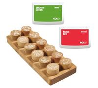 COLOP Woodies set di timbri in legno "Animali esotici" con 12 motivi, timbro di riconoscimento e motivazionale, in legno di faggio, Ø 29 mm, incl. 2 tamponi d'inchiostro, rosso e verde, 50 x 90 mm