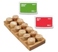 COLOP Woodies set di timbri in legno "Mix" con 12 motivi, timbri di riconoscimento e motivazionali in legno di faggio, dimensione: Ø 29 mm, incl. 2 tamponi di inchiostro, rosso e verde, 50 x 90 mm