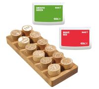 COLOP Woodies set di timbri in legno "Motivation" con 12 motivi, timbro di riconoscimento e motivazione in legno di faggio, Ø 29 mm, incl. 2 tamponi d'inchiostro, rosso e verde, 50 x 90 mm