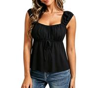 Coloquin Canotta da donna Flowy Peplo con maniche ad aletta e collo quadrato, babydoll top carino con punto smock sul retro per uscire, Nero , L