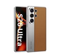 Color-Blocking Custodia in pelle per Samsung Galaxy S26 Ultra, Custodia protettiva argento con cornice rivestita sottovuoto, ricarica wireless (marrone, S26 Ultra)