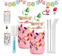Color Changing Christmas Cup, Cute Color Changing Glass Cup with Leakproof Lid & Straw, Change Colors when Exposed to Cold, Reusable Travel Mug for Iced Coffee, Cold Drinks, Xmas Gift (2PCS,500ml)
