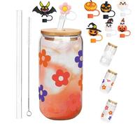 Color Changing Christmas Cup with Bamboo Lid and Glass Straw Reusable Iced Coffee Tumbler Cute Holiday Color Changing Glass Mug Leakproof Travel Cup for Smoothies Cocktails Xmas Party Gift(2-C#,600ML)
