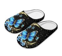 Coloranimal Pantofole da donna a punta chiusa per la casa, per interni, in cotone e lino, per camera da letto, scarpe da interno in cotone, Fiori Blu Farfalla Luna, 38/39 EU