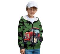 Coloranimal Pynewomyt - Felpa con cappuccio per bambini con cerniera, a maniche lunghe, in pile, con cappuccio, per bambini da 6 a 13 anni, Trattore Vintage Verde, 12-13 Years