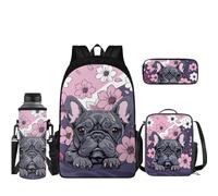 Coloranimal Set zaino per ragazzi e ragazze con borsa termica calda per il pranzo, astuccio portamatite, custodia per bottiglia d'acqua, zaino 4 in 1, Carlino con fiori, Set di zaini per la scuola