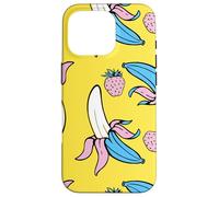 Colorato Banana Fragola Pop Art Pattern Frutta Blu Giallo Custodia per iPhone 16 Pro
