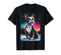 Colorato Boston Terrier Cane Aurora Borealis Foresta Invernale Maglietta