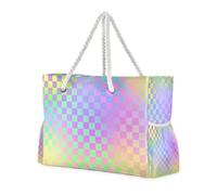 Colorato design laser quadrato resistente borsa a mano con tasche laterali, borsa da spiaggia a prova di sabbia all'aperto, buona per viaggi, piscina, nuoto, spiaggia, vacanze