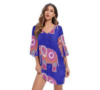 Colorato etnico elefanti viola casual scollo a V abito 3/4 manica swing partito vestito S-XXL, Elefanti etnici colorati viola, XL