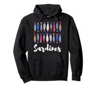 Colorato Sardine Pesce Riga Whimsical Folk Art Graphic Felpa con Cappuccio