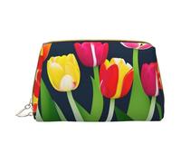 Colorato Tulipani Pattern Pelle Hand Held Zipper Makeup Bag Storage Bag per Articoli Vari Cassa Penna, bianco, Taglia unica