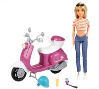 ColorBaby Isabella - Bambola snodata con scooter, 30 cm, con accessori per moto, occhiali da sole, cellulare, supporto per selfie, casco, bibite, bambole, regali + 3 anni (47812)