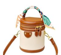 Colorblock Bucket Bag For Women Summer Niche Fashion Design Style Bucket Bag Ribbon Handle PU Leather Crossbody Bag (Brown)
