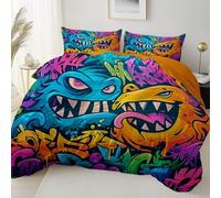 Colore Arancione Reversibile Bifacciale Copripiumino con Cerniere, Fumetto Graffiti Mostro Stampa Materiale Anti-Piega e Lavabile Copripiumini, 150 x 220 cm Microfibra Copripiumino Comodo Traspirante
