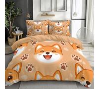 Colore Arancione Set Copripiumino per Bambini 200x200 cm Zampa Del Cane Shiba Inu Cartoni Animati 3 pezzi Set di Biancheria da Letto per Camerette per Ragazzi e Ragazze, Copripiumino Matrimoniale