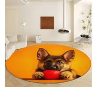 Colore Arancione tappeto rotondo 210 x 210 cm, Cane Da Pastore Animale Palla Rossa stampa lavabile in lavatrice, antiscivolo Tappeto rotondo per sala da soggiorno morbido Facile da Pulire Tappeto