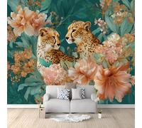 Colore Muralo - Eleganza Fiori Animali Leopardo Carta da parati 3D per cameretta dei bambini in tessuto non tessuto, per ragazze e ragazzi decorazione da parete 350 x 256 cm